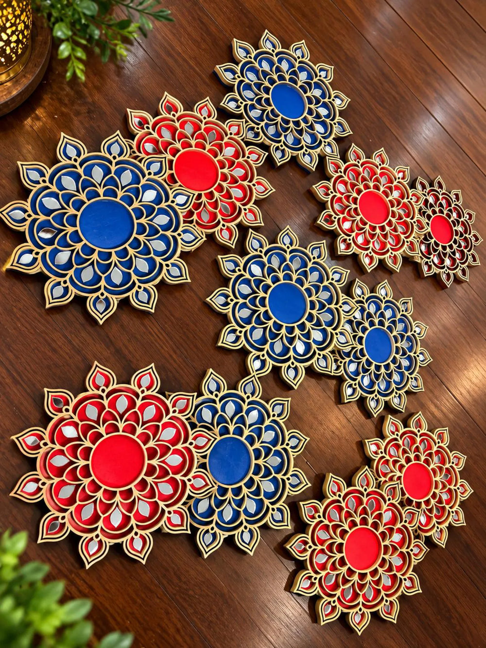Red and navy blue Mandala wooden Diwali diya holders with gold and mirror details