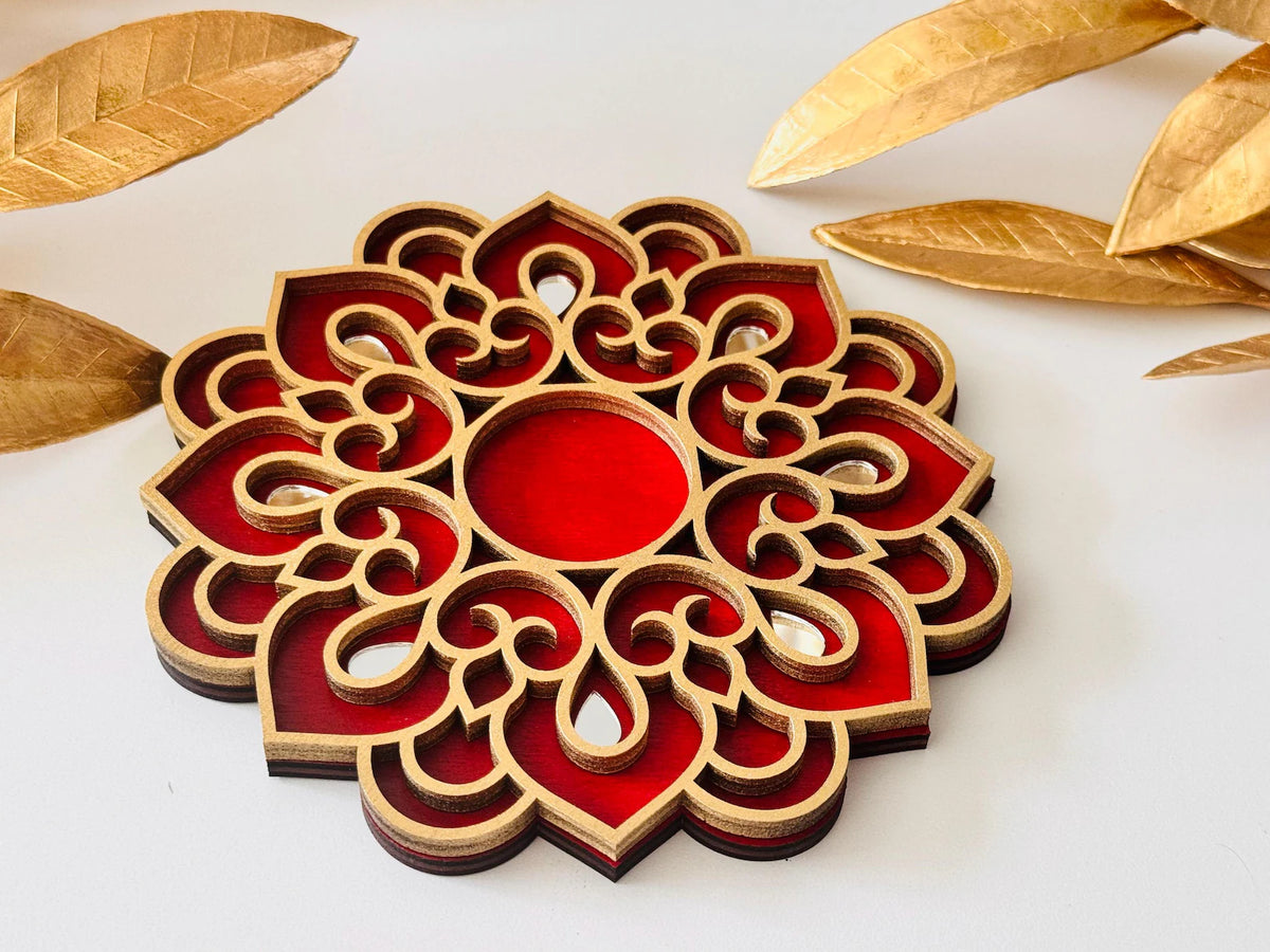 Handcrafted Floral Diwali Diya – Mirror Embellished Wooden Tealight Holder | Diwali Decor, Gifts & Favors