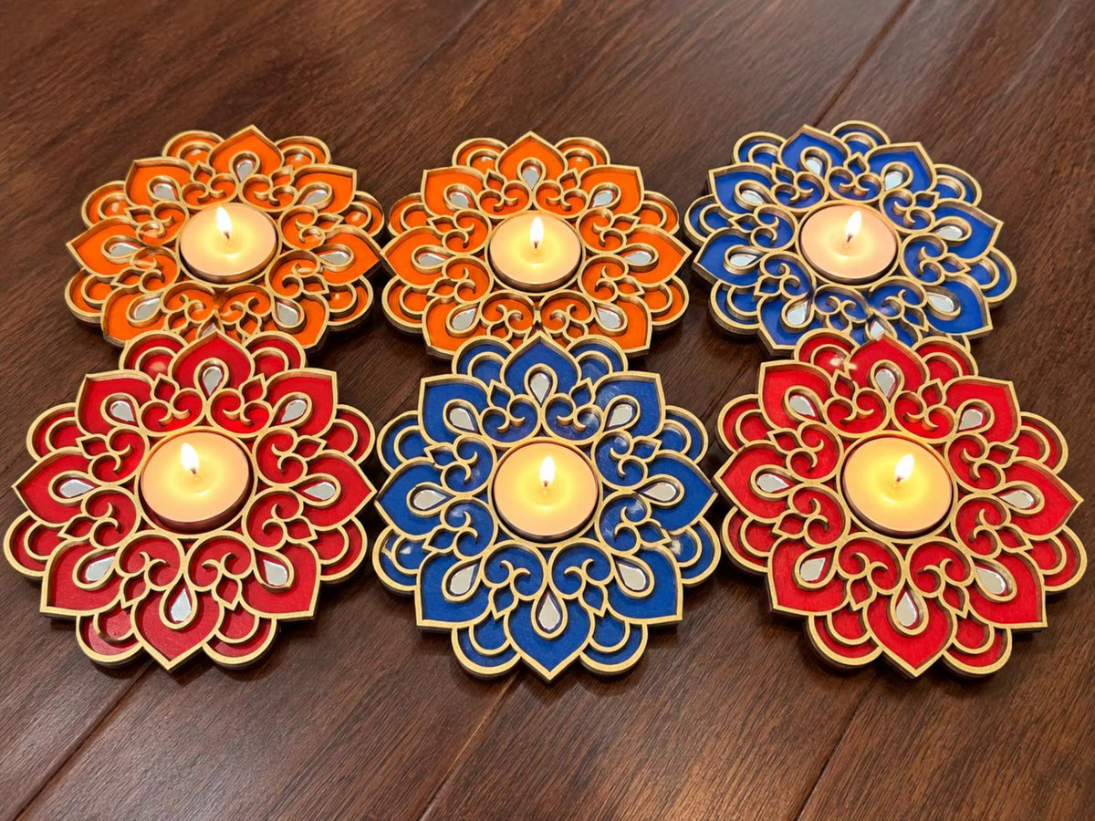 Handcrafted Floral Diwali Diya – Mirror Embellished Wooden Tealight Holder | Diwali Decor, Gifts & Favors
