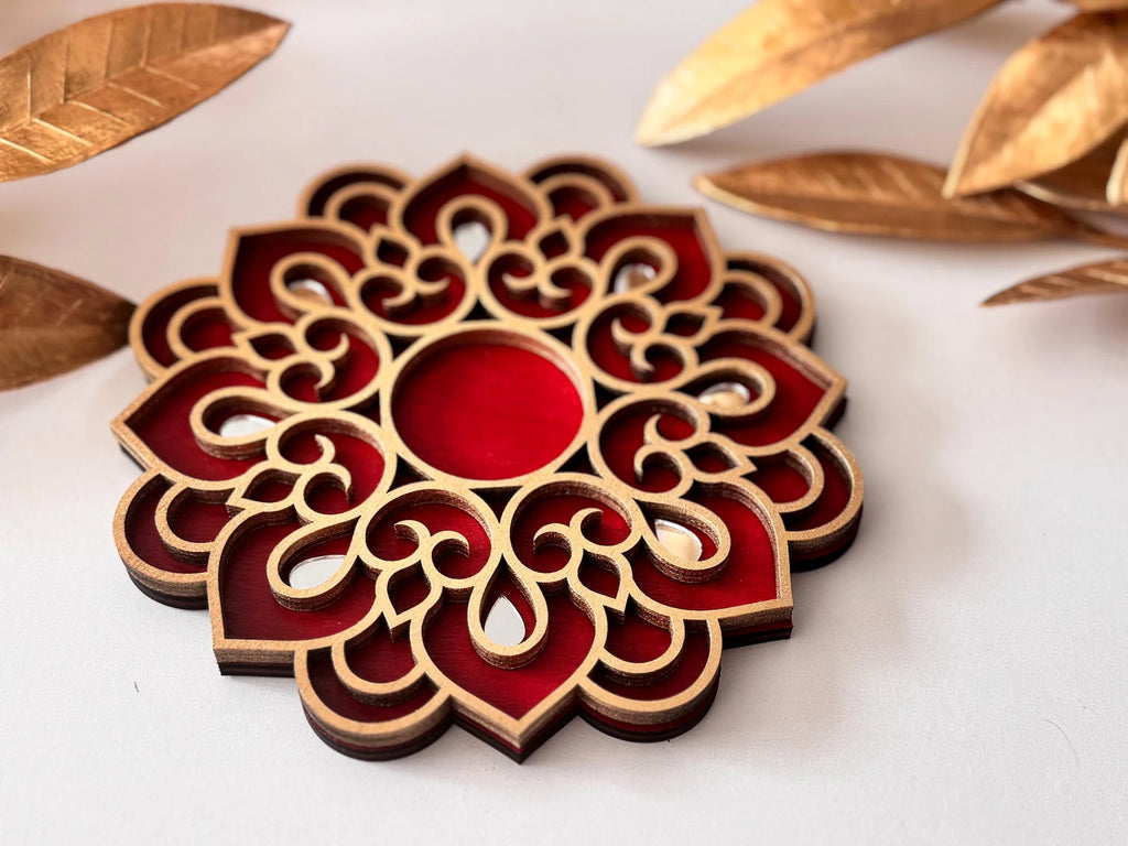Handcrafted Floral Diwali Diya – Mirror Embellished Wooden Tealight Holder | Diwali Decor, Gifts & Favors
