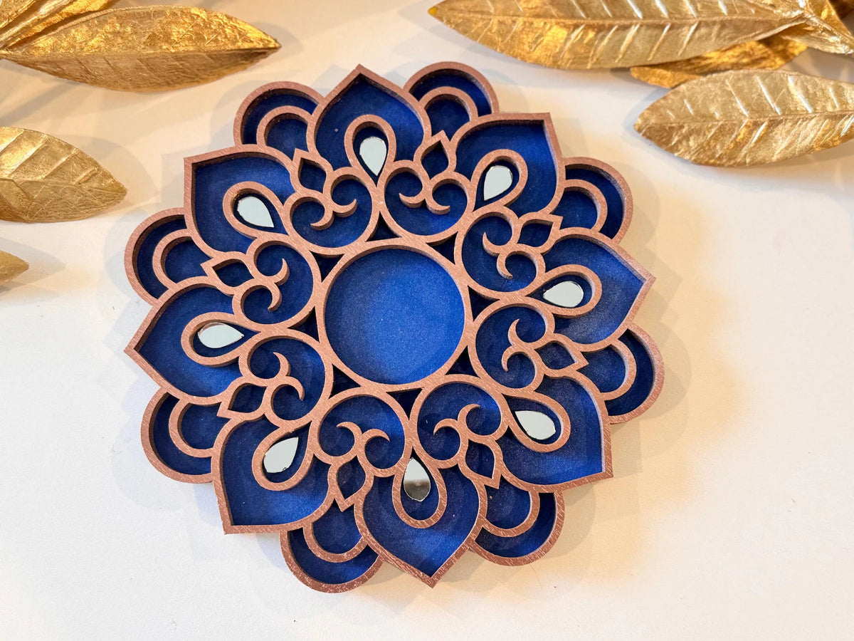 Handcrafted Floral Diwali Diya – Mirror Embellished Wooden Tealight Holder | Diwali Decor, Gifts & Favors