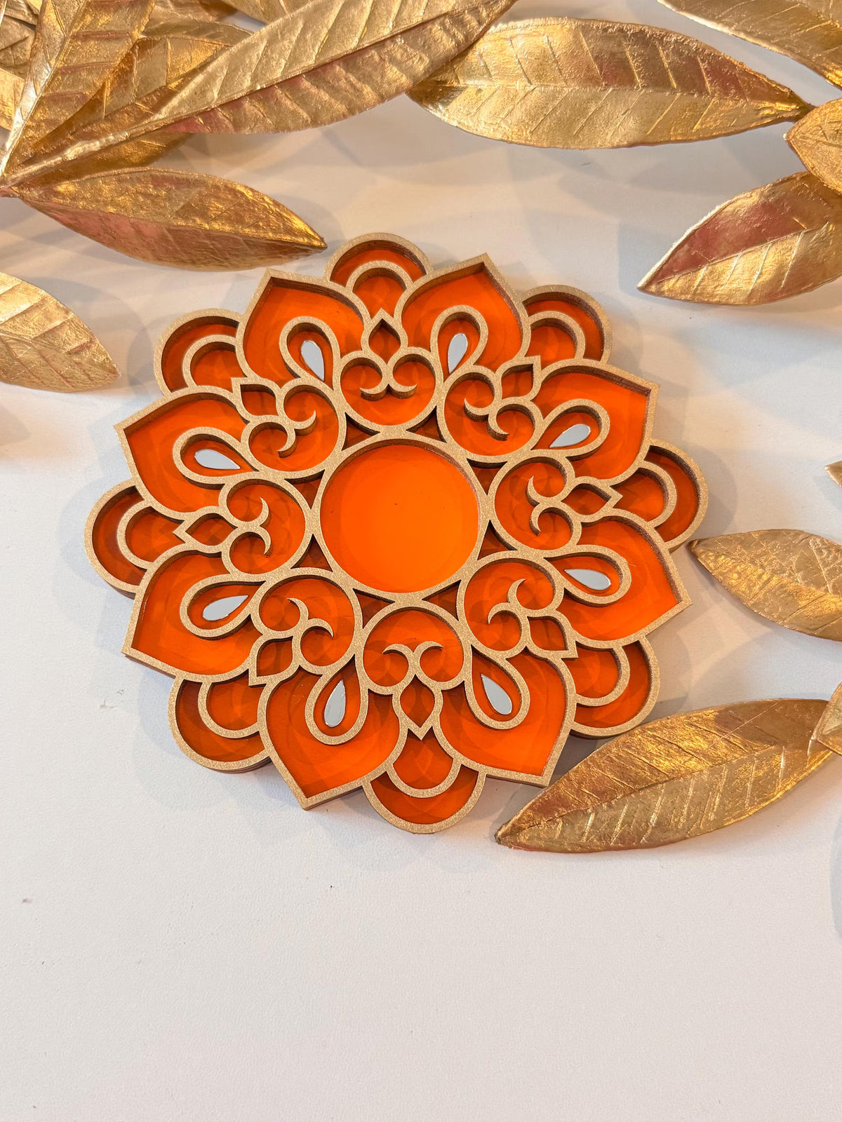 Handcrafted Floral Diwali Diya – Mirror Embellished Wooden Tealight Holder | Diwali Decor, Gifts & Favors