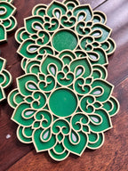 Handcrafted Floral Diwali Diya – Mirror Embellished Wooden Tealight Holder | Diwali Decor, Gifts & Favors