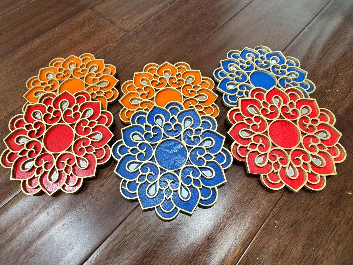 Handcrafted Floral Diwali Diya – Mirror Embellished Wooden Tealight Holder | Diwali Decor, Gifts & Favors